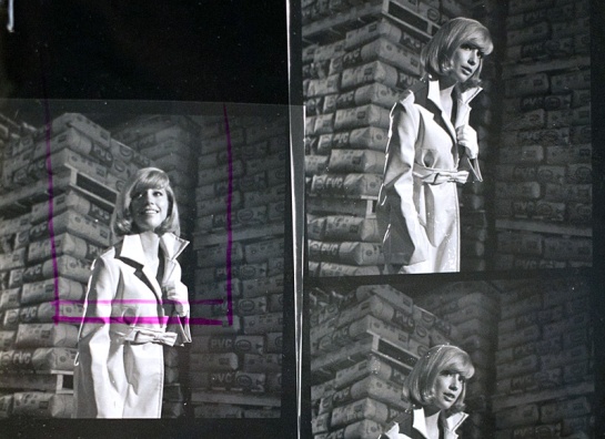 Detail of contact sheet, 1967.  Photographer unknown. Model, Barbara Fulton. Imperial Oil Collection, Glenbow Archives.